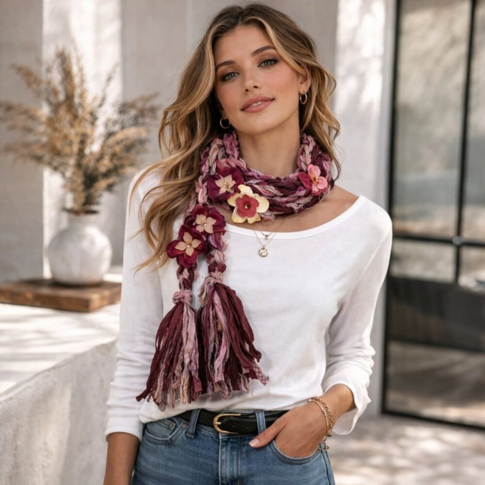 Burgundy and Mauve Crocheted Recycled Sari Silk Scarf with Silk Flower